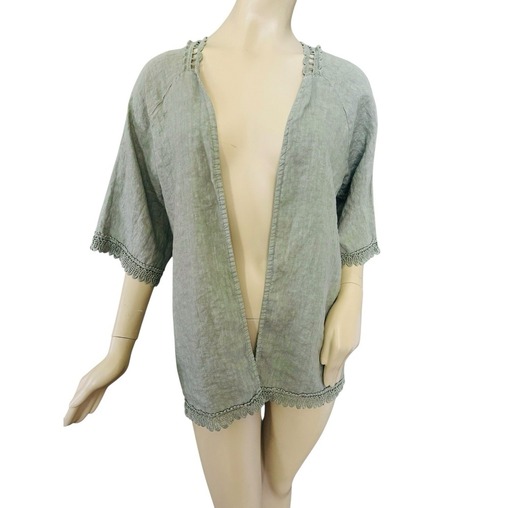 Valentina Naldi 100% Linen Open Cardigan Sage Green Crochet Trim One Size Boho